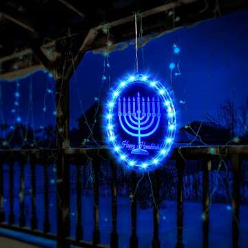 Hiboom Hanukkah Decorations Blue Chanukah Window Lights Battery Operated Chanukah LED Lights for Jews Judaism Synagogue Passover Shabbat Christmas Home Ornament Indoor Outdoor Decor, Menorah Style