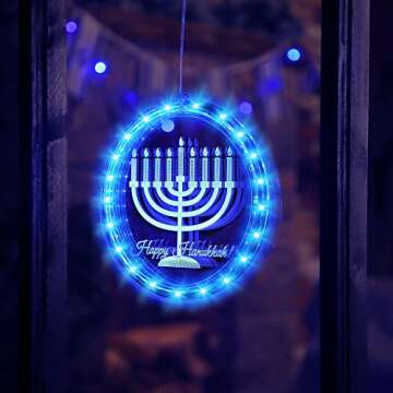 Hiboom Hanukkah Decorations Blue Chanukah Window Lights Battery Operated Chanukah LED Lights for Jews Judaism Synagogue Passover Shabbat Christmas Home Ornament Indoor Outdoor Decor, Menorah Style