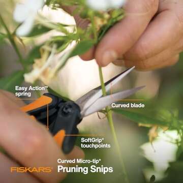 Fiskars Curved Micro-Tip Pruning Snips - 6" Garden Shears with Sheath and SoftGrip Handle - Yard and...