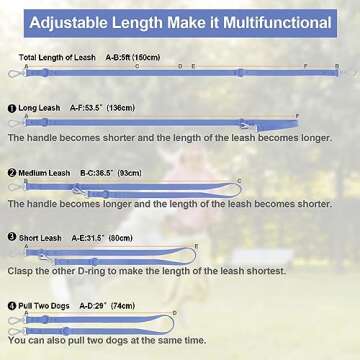 Wisedog Waterproof Standard Dog Leashes with 2 Hooks, 5 ft/ 6 ft Lengths, Adjustable for Traffic Control Safety, for Small, Medium & Large Dogs Walking (Blue,S)