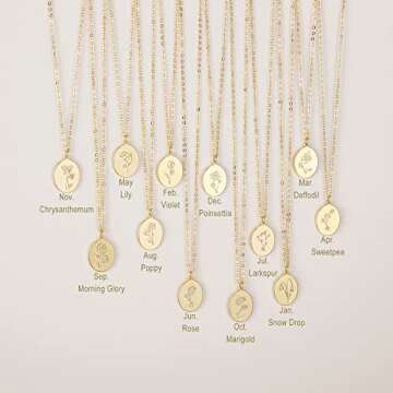S.J JEWELRY 14K Gold Plated Guardian Flower Necklace Disc Coin Pendant Personalized Gift for Women 12 Months Constellation Birthday Lucky Flower Necklace-NK-8-Poppy