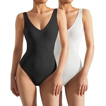 SUUKSESS Women 2 Piece Thong Bodysuit Sexy V Neck Backless Sleeveless Tank Tops Body Suits (Black & ...