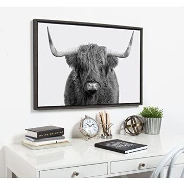 Kate and Laurel Sylvie Highland Cow Framed Canvas Wall Art by Amy Peterson, 23x33 Gray, Rustic Wall Decor for Living Room, Bedroom, Kitchen Or Nursery