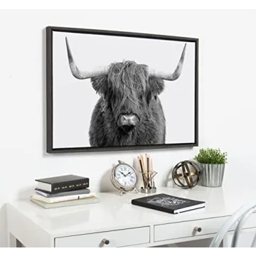 Kate and Laurel Sylvie Highland Cow Framed Canvas Wall Art by Amy Peterson, 23x33 Gray, Rustic Wall Decor for Living Room, Bedroom, Kitchen Or Nursery