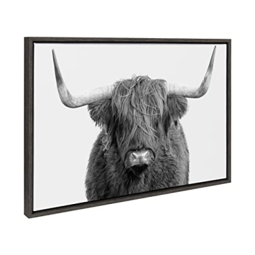 Kate and Laurel Sylvie Highland Cow Framed Canvas Wall Art by Amy Peterson, 23x33 Gray, Rustic Wall Decor for Living Room, Bedroom, Kitchen Or Nursery