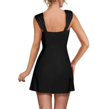 Aisbei Women's Sexy Black Mini Dress Square Neck Bodycon Dress Elegant Sleeveless Slit A Line Party Club Short Dress-Black S