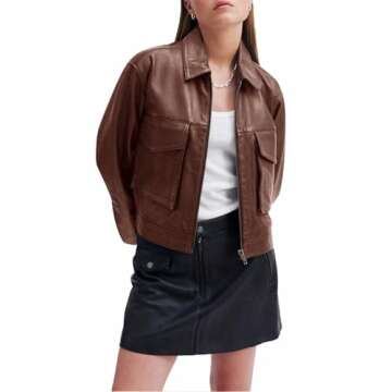 Bomber Jacket Women Long Sleeve Brown Leather Jacket Women Casual Zip Up Motorcycle Moto Jacket with Pockets Going Out Outfits M
