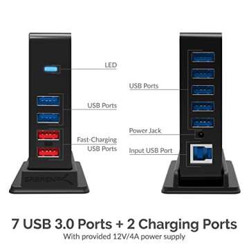 Sabrent 7 Port USB 3.0 Hub & Charging Ports with Adapter