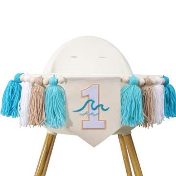The Big One Surf 1st Birthday High Chair Banner - Wave Big One Highchair Banner, Surfing 1st Birthday Decoration for Boys, Wave First Birthday Tassel Garland