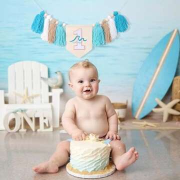 The Big One Surf 1st Birthday High Chair Banner - Wave Big One Highchair Banner, Surfing 1st Birthday Decoration for Boys, Wave First Birthday Tassel Garland