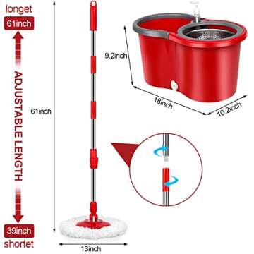Spin Mop and Bucket Set, 360° Spin Mop and Bucket with Wringer Set and 3 Microfiber Mop Refills, Stainless Steel 61" Extended Handle Spinning Mop Bucket System for Floor Cleaning