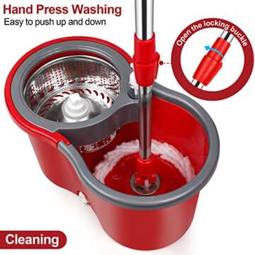 Spin Mop and Bucket Set, 360° Spin Mop and Bucket with Wringer Set and 3 Microfiber Mop Refills, Stainless Steel 61" Extended Handle Spinning Mop Bucket System for Floor Cleaning