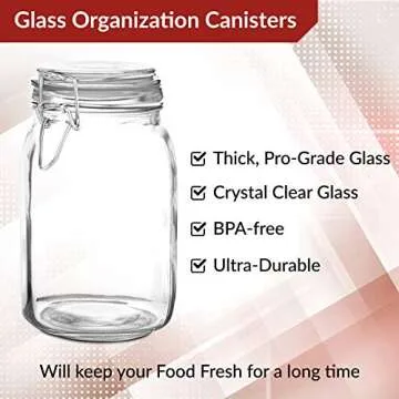 Set of 3 Glass Mason Jar with Lid (1 Liter) | Airtight Glass Storage Container for Food, Flour, Pasta, Coffee, Candy, Dog Treats, Snacks & More | Glass Organization Canisters | 34 Ounces