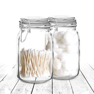Set of 3 Glass Mason Jar with Lid (1 Liter) | Airtight Glass Storage Container for Food, Flour, Pasta, Coffee, Candy, Dog Treats, Snacks & More | Glass Organization Canisters | 34 Ounces