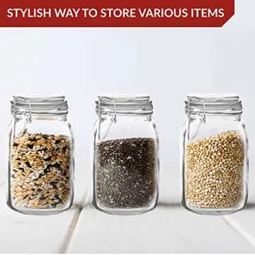 Set of 3 Glass Mason Jar with Lid (1 Liter) | Airtight Glass Storage Container for Food, Flour, Pasta, Coffee, Candy, Dog Treats, Snacks & More | Glass Organization Canisters | 34 Ounces