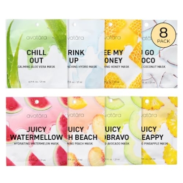 Avatara 8-Pack Sheet Mask Set, Beauty and Skincare Sheet Masks Collection, Skincare with Natural Ext...