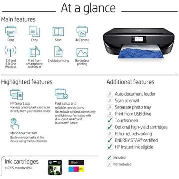 HP Envy 5055 Wireless Color Photo All-in-One Inkjet Printer - Print Scan Copy - 2.2" Touchscreen LCD, 10 ppm, 1200 x 1200 dpi, 8.5 x 14, Auto 2-Sided Printing, Borderless Printing, USB