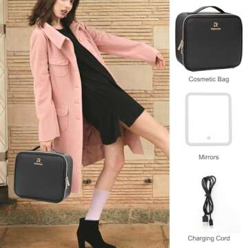 Relavel Travel Makeup Bag With LED Mirror, Cosmetic Train Case with Light up Mirror, Portable Makeup Artist Organizer Bag with Adjustable Dividers, Makeup Brush Holder Storage, Black