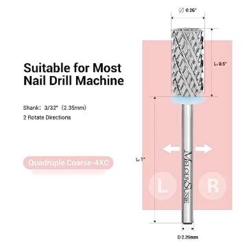 MelodySusie 4X Coarse Large Barrel Nail Drill Bit 3/32'', Professional Tungsten Carbide Nail Bit for Acrylic Gel Nails Fast Remove Manicure Pedicure Polishing, Two Way Rotate, Nail Salon Supply