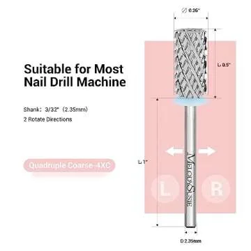 MelodySusie 4X Coarse Large Barrel Nail Drill Bit 3/32'', Professional Tungsten Carbide Nail Bit for Acrylic Gel Nails Fast Remove Manicure Pedicure Polishing, Two Way Rotate, Nail Salon Supply