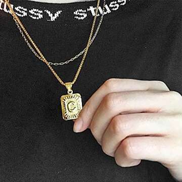 Hermah Gold Plated Square Capital Initial Letter A Charm Pendant Necklace for Men Women Box Steel Ch...