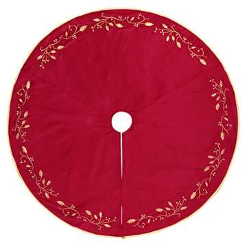 Bunny Chorus Christmas Tree Skirt, 48 inches Red Luxury Velvet Plush Fur Skirts with Gold Embroidere...