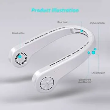 UseeShine Portable Neck Fan. bladeless neck fan,for Indoor Outdoor Travelling,USB Rechargeable Personal Fan,Rechargeable, Headphone Design,3 Speeds Operated Adjustable,neck fans for women