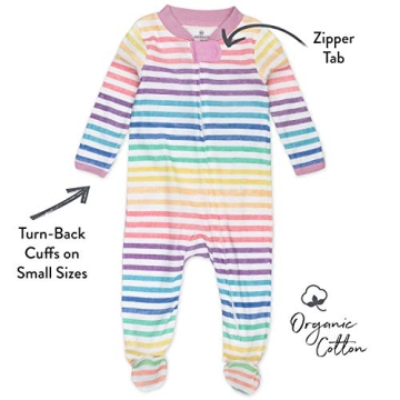 HonestBaby 1-Pack Sleep and Play Footed Pajamas One-Piece Sleeper Jumpsuit Zip-Front Pjs Organic Cotton for Baby Girls, Unisex, Rainbow Stripe, 0-3 Months