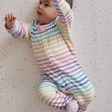 HonestBaby 1-Pack Sleep and Play Footed Pajamas One-Piece Sleeper Jumpsuit Zip-Front Pjs Organic Cotton for Baby Girls, Unisex, Rainbow Stripe, 0-3 Months