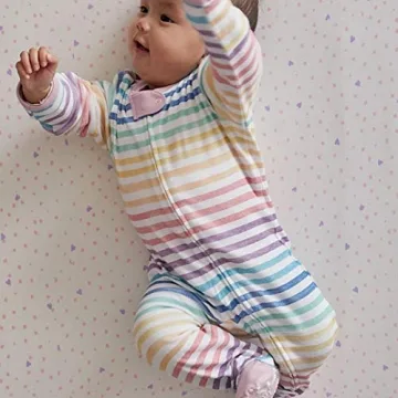 HonestBaby 1-Pack Sleep and Play Footed Pajamas One-Piece Sleeper Jumpsuit Zip-Front Pjs Organic Cotton for Baby Girls, Unisex, Rainbow Stripe, 0-3 Months