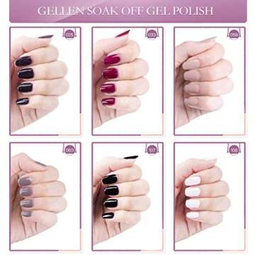 Gellen Gel Nail Polish Kit 6 Colors With Base Top Coat - Classic Elegance Series Popular Dark Shade Nail Art Colors White Black Grays Wine Purple Home Gel Starter Manicure Set