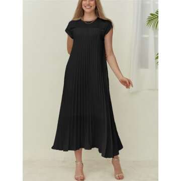 HOULENGS Women's 2025 Casual Short Sleeve Pleated Maxi Dress Loose Fit Crewneck Flowy Long Dress with Pockets Black Large