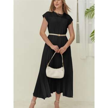 HOULENGS Women's 2025 Casual Short Sleeve Pleated Maxi Dress Loose Fit Crewneck Flowy Long Dress with Pockets Black Large