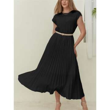 HOULENGS Women's 2025 Casual Short Sleeve Pleated Maxi Dress Loose Fit Crewneck Flowy Long Dress with Pockets Black Large