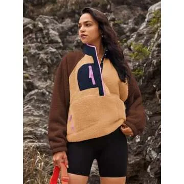 Nirovien Fleece Jacket Women Sherpa Quarter Zip Pullover Button Down Fuzzy Sweatshirt Warm Outwear with Pockets(Yellow Brown,M)