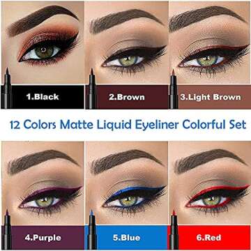 evpct 12Pcs Colors Matte Waterproof Colored Liquid Eyeliner Colorful Set Rainbow Colorful Neon Winge...