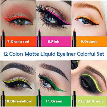 evpct 12Pcs Colors Matte Waterproof Colored Liquid Eyeliner Colorful Set Rainbow Colorful Neon Winged Eyeliner Stamp Shapes delineador de ojos de colores Red Orange Pink Black Blue Liquid Eye Liners