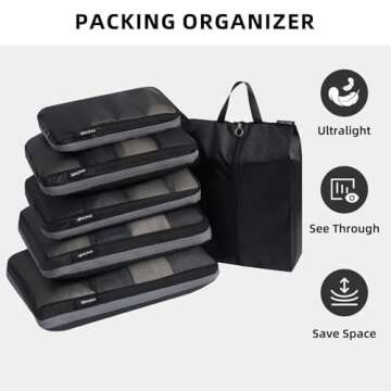BAGAIL 4 Set/6 Set Ultralight Compression Packing Cubes Packing Organizer for Travel Accessories Luggage Suitcase Backpack(70D FullMesh 6Set Black)