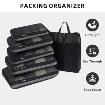 BAGAIL 4 Set/6 Set Ultralight Compression Packing Cubes Packing Organizer for Travel Accessories Luggage Suitcase Backpack(70D FullMesh 6Set Black)