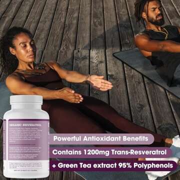 Organic Resveratrol Supplement 1200mg - Extra Strength Formula for Anti Aging, Heart & Immune Health - 90 Vegan Capsules with 99% Trans-Resveratrol, Green Tea Leaf & Black Pepper