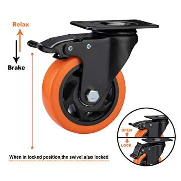 ASRINIEY Casters, 4" Caster Wheels，Casters Set of 4 Heavy Duty - Orange Polyurethane Castors, Top ...