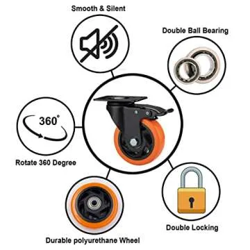 ASRINIEY Casters, 4" Caster Wheels，Casters Set of 4 Heavy Duty - Orange Polyurethane Castors, Top Plate Swivel Wheels, 4-Pack Industrial Casters with Brake, Locking Casters for Furniture and Workbench