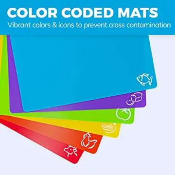 Extra Thick Flexible Plastic Cutting Board Mats with Food Icons & EZ-Grip Waffle Back, (Set of 6) Dishwasher Safe Vibrant