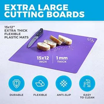 Extra Thick Flexible Plastic Cutting Board Mats with Food Icons & EZ-Grip Waffle Back, (Set of 6) Dishwasher Safe Vibrant
