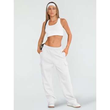 AUTOMET Womens Cargo Sweatpants Wide Leg Fleece Lined Y2k Pants Fall Winter Baggy Joggers with Pockets, White, XS