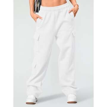 AUTOMET Womens Cargo Sweatpants Wide Leg Fleece Lined Y2k Pants Fall Winter Baggy Joggers with Pockets, White, XS