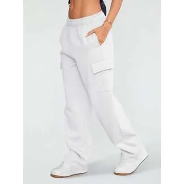AUTOMET Womens Cargo Sweatpants Wide Leg Fleece Lined Y2k Pants Fall Winter Baggy Joggers with Pockets, White, XS