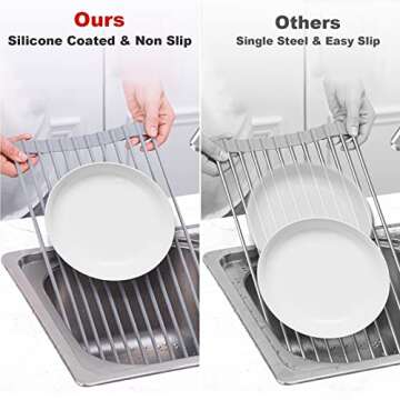MERRYBOX Roll Up Dish Drying Rack, Over The Sink Dish Rack Foldable, Heat-Resistant, Anti-Slip Silicone Coated Steel Dish Drainer for Kitchen Sink, Multipurpose Roll Up Sink Drying Rack, 17.5" x 13"