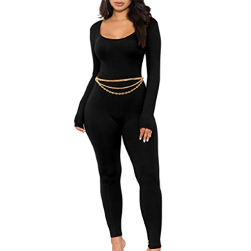 GOKATOSAU Women's Sexy Long Sleeve Bodycon Solid Outfits Club Rompers Jumpsuits Black