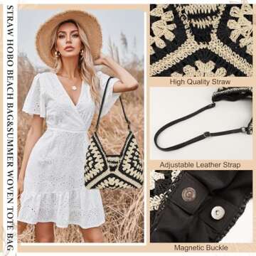 Straw Hobo Beach Bag for Women, Woven Tote Bag Summer Crochet Shoulder Bag Purse with PU Leather Strap,Vintage Foldable Handbag for Everyday Travel Vacation(Black)